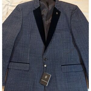 SOPRANO BLAZER SPORT COAT 46L NAVY Textured Velvet Lapel SUIT JACKET NEW